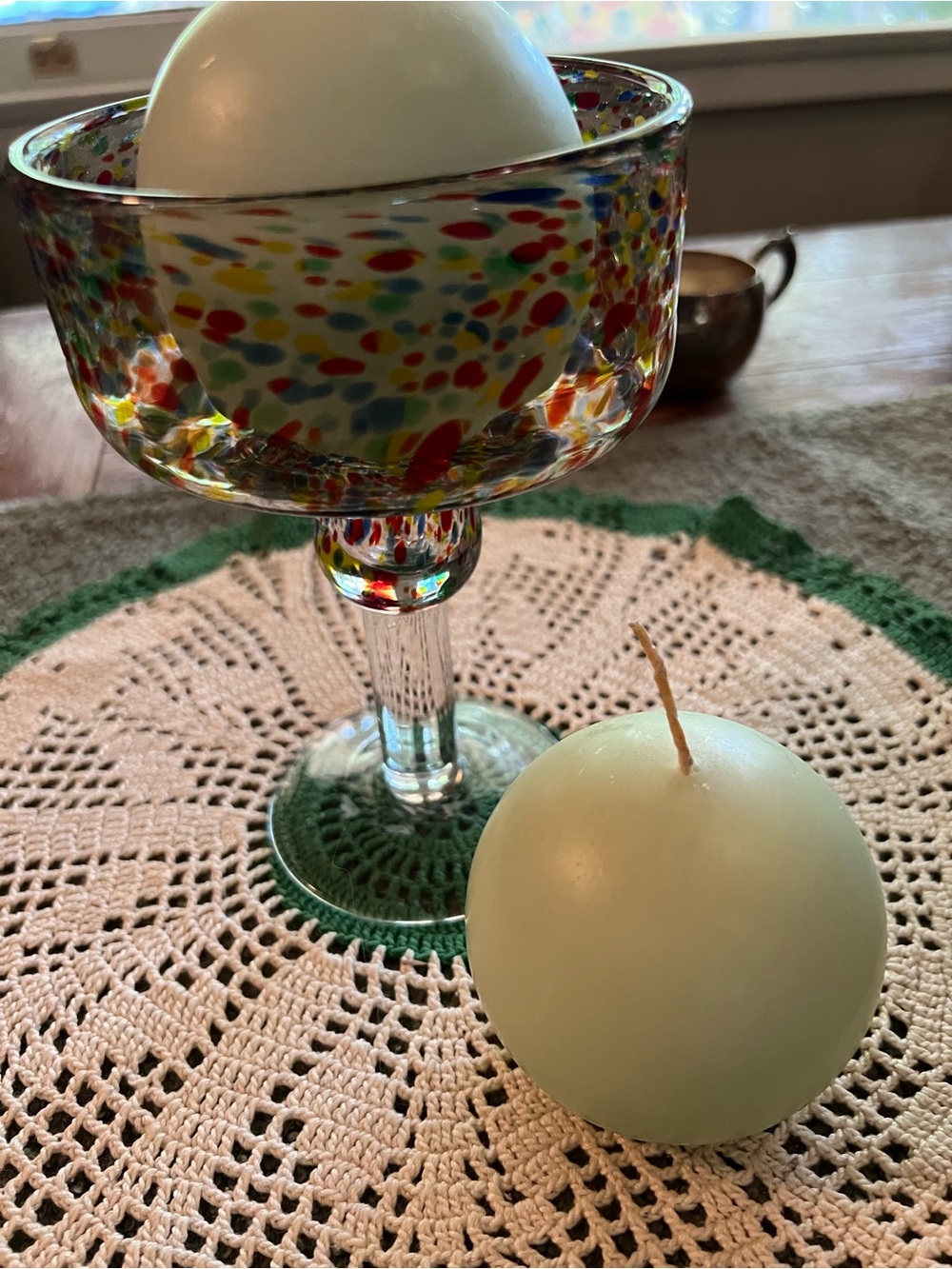 Handmade Multicolor Glass Hurricane with Pale Green Decorative Candles